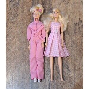 Barbie Movie Dolls pink jumpsuit pink white dress